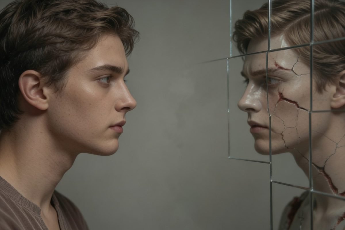 Homem observando reflexo fragmentado simbolizando feridas emocionais