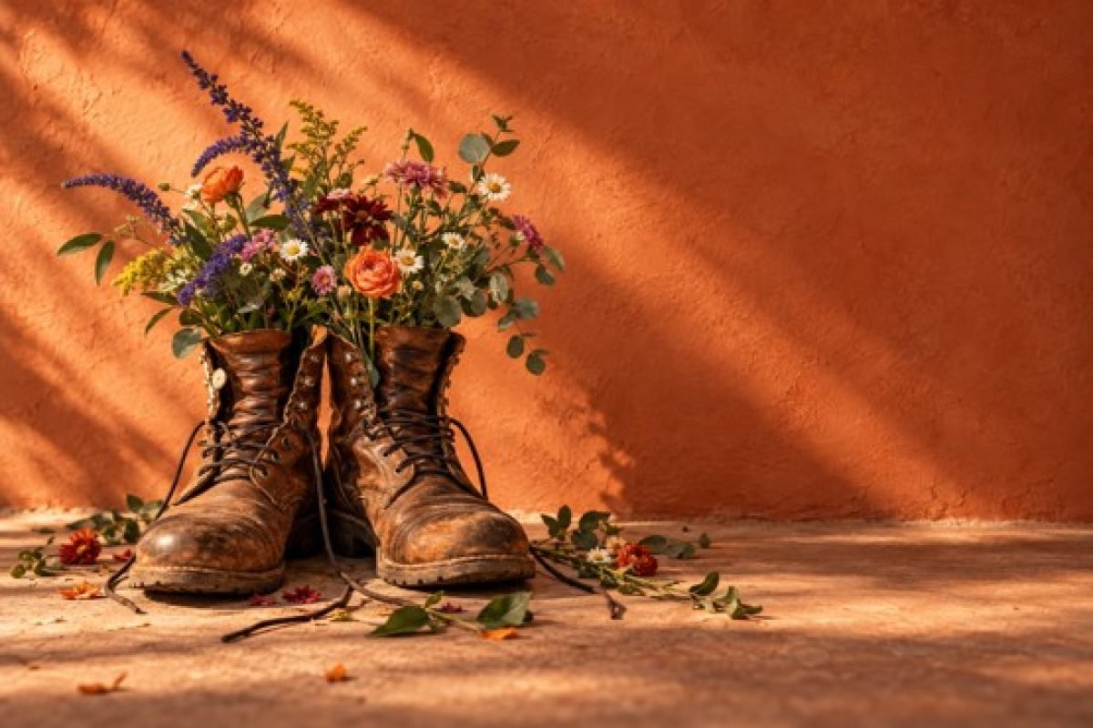 homem não sabe receber cuidado: botas resistentes carregando um buquê de flores delicadas