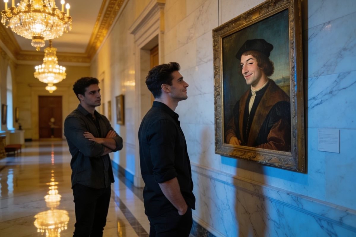 Indisponibilidade emocional em casal homoafetivo em museu de Paris com ciúme e humor sutil.