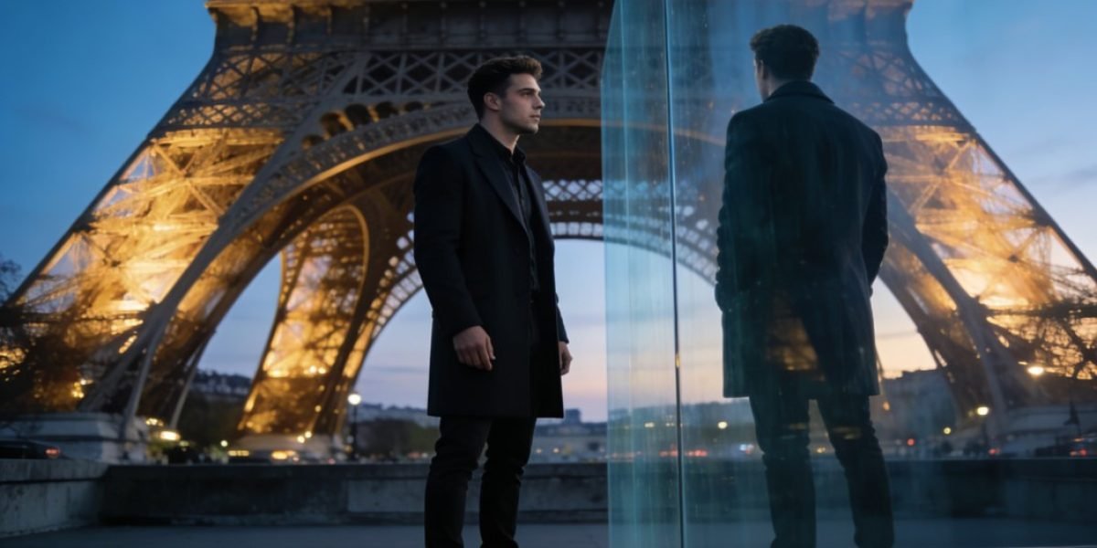 Indisponibilidade emocional em casal homoafetivo diante da Torre Eiffel com distância afetiva.