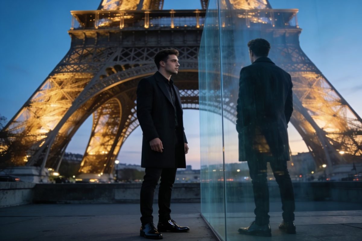 Indisponibilidade emocional em casal homoafetivo diante da Torre Eiffel com distância afetiva.