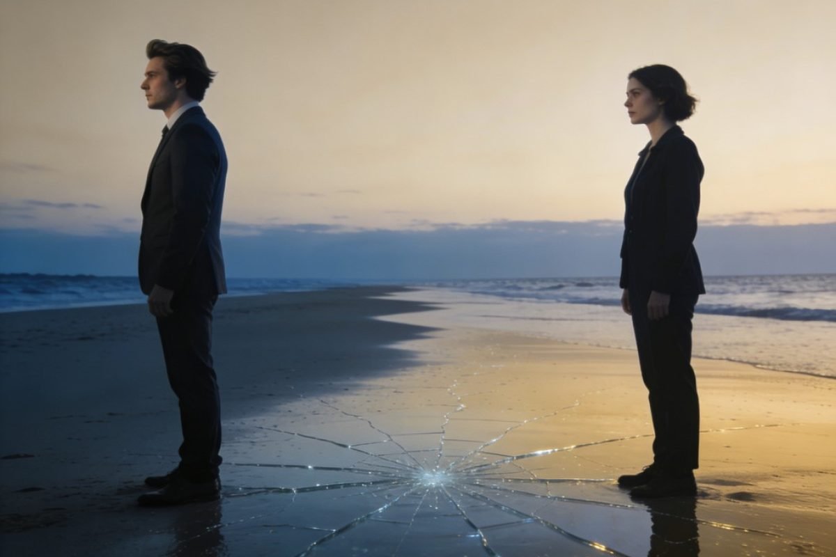 Insegurança afetiva em casal na praia simbolizando medo de perder e fragilidade emocional no relacionamento.