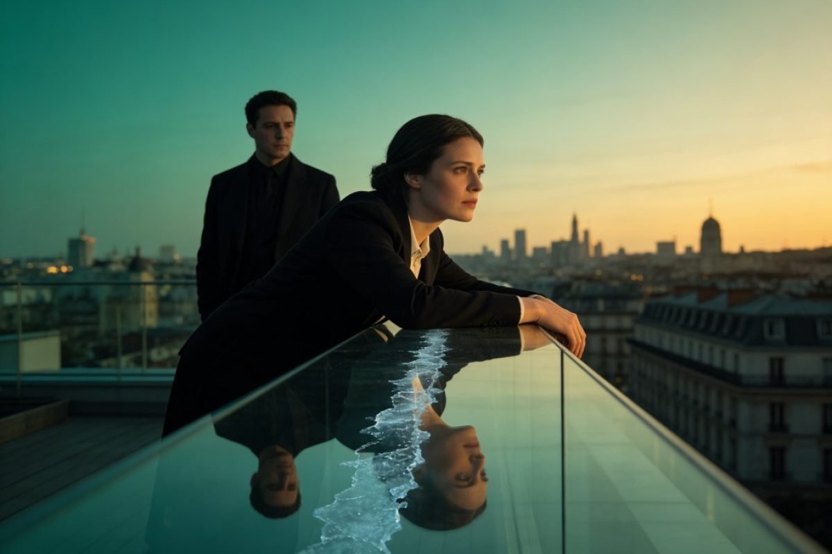 Casal em rooftop europeu com gelo nos reflexos simbolizando insegurança afetiva no relacionamento.