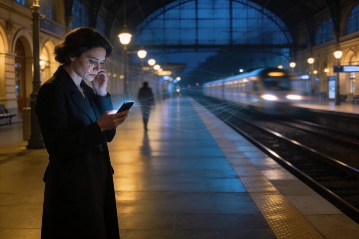 Insegurança afetiva representada por pessoa em estação europeia segurando celular com medo de perder o vínculo.