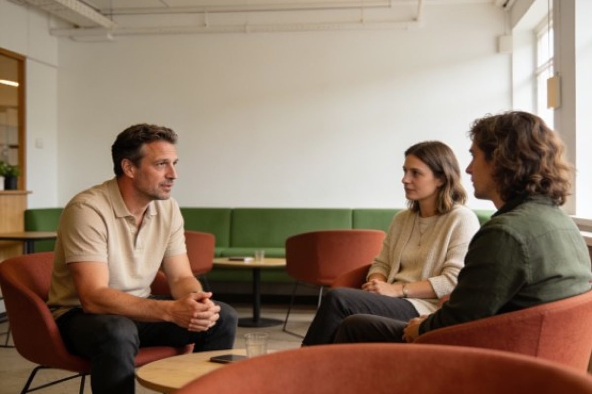 três pessoas conversando em ambiente de trabalho, discutindo se inteligência emocional existe como habilidade treinável