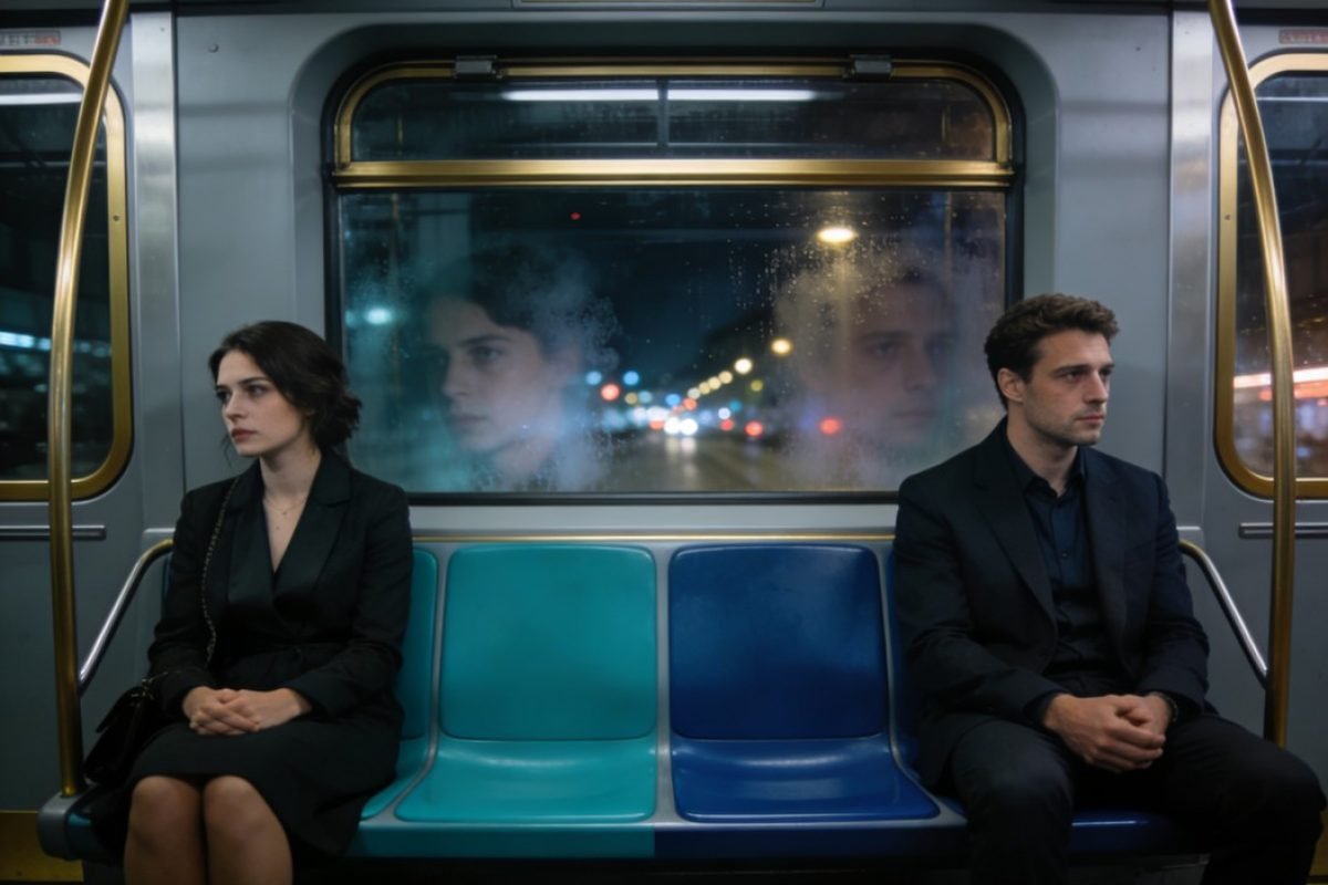 Casal no metrô simbolizando intensidade no amor, ansiedade e repetição emocional.
