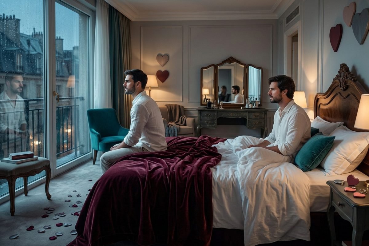 Casal homoafetivo em hotel europeu representando intimidade assusta mais do que parece.
