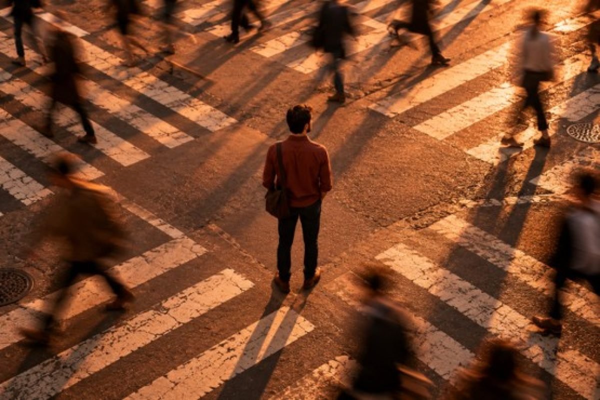 masculinidade contemporânea: homem parado em cruzamento movimentado, pessoas borradas ao redor