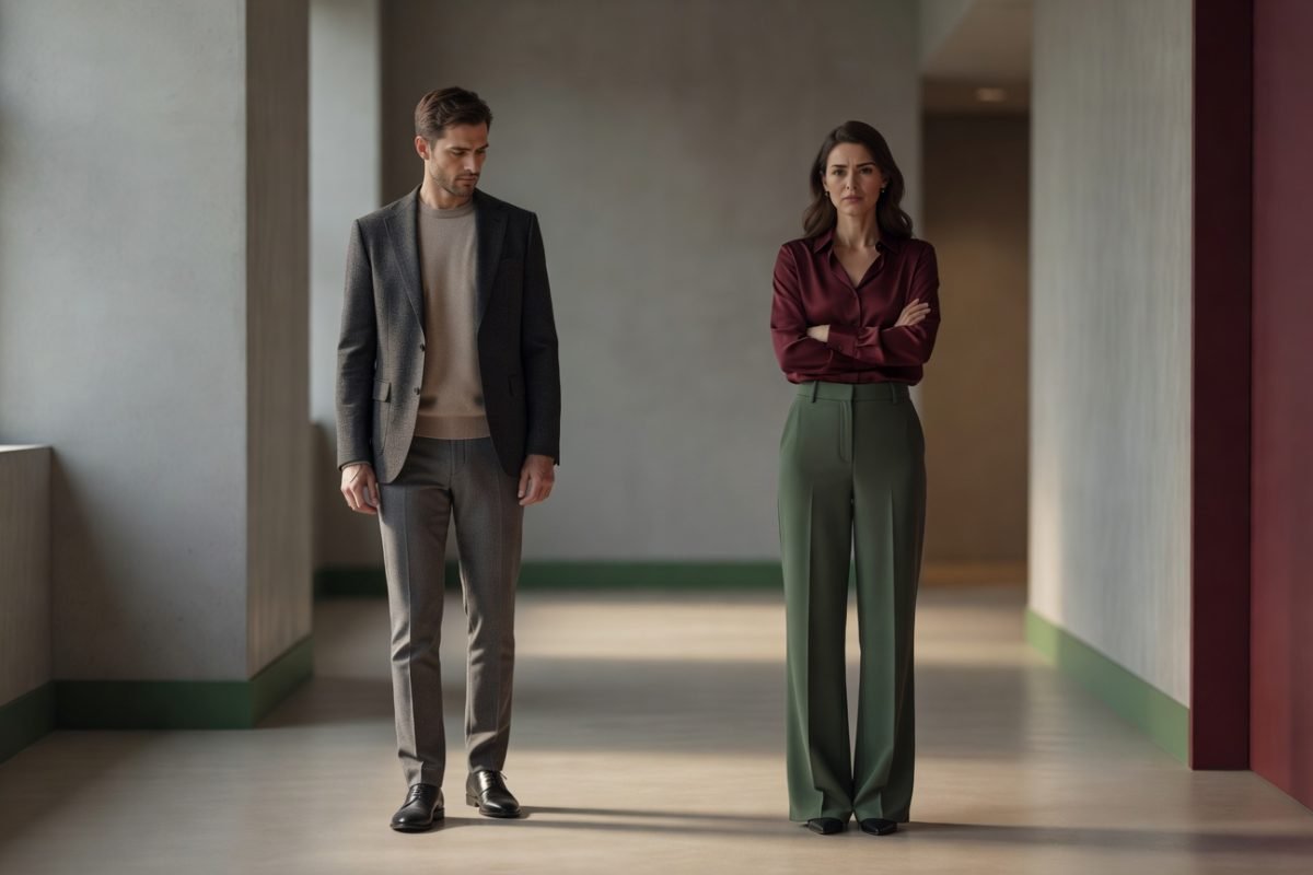 Casal distante em corredor representando medo da traição e dificuldade de confiar no relacionamento.