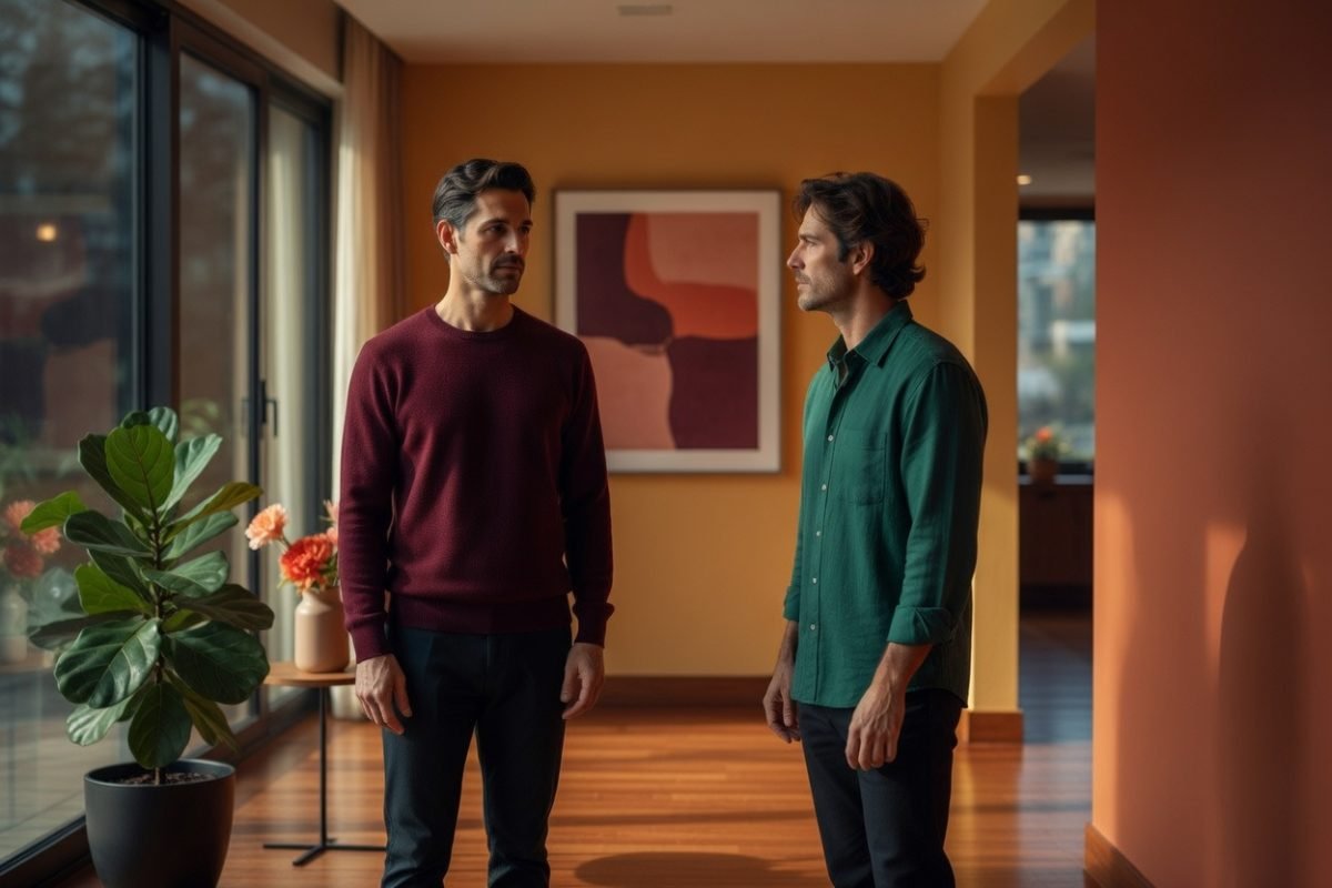 Casal homoafetivo distante em corredor urbano representando medo de abandono e insegurança amorosa.