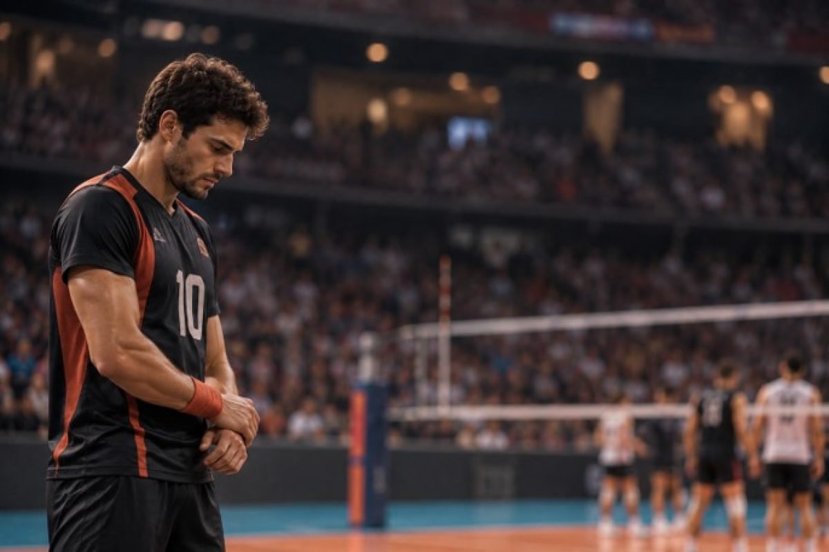 Atleta hesitante antes de uma jogada decisiva, expressando medo de falhar no esporte