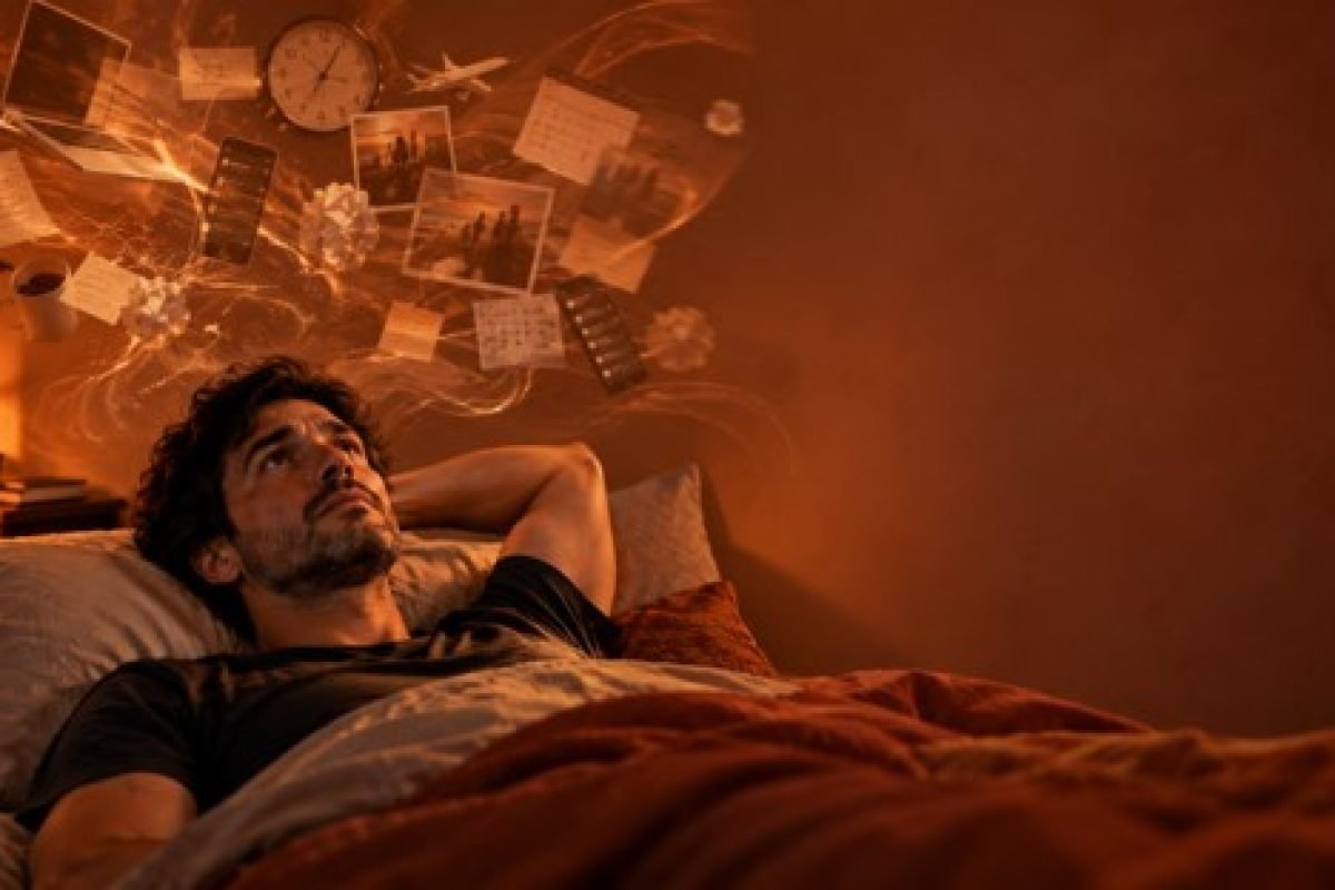 Homem deitado na cama à noite, com imagens fragmentadas de pensamentos flutuando acima da cabeça
