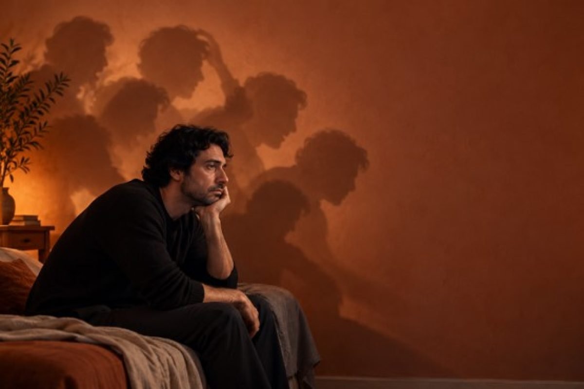 Homem sentado imóvel na cama, com várias sombras de si mesmo na parede, representando a mente em estado de aceleração