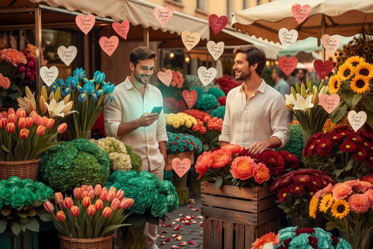 Casal homoafetivo em mercado de flores europeu representando mercantilização dos afetos e vínculos digitais.