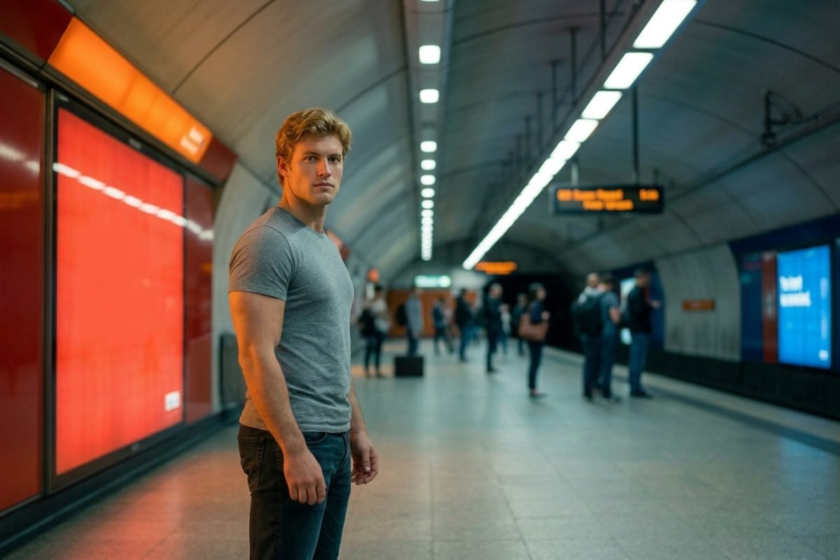 Homem perdido na estão de metrô e caminhando sozinho em cidade estrangeira refletindo sobre a realidade de morar fora do Brasil