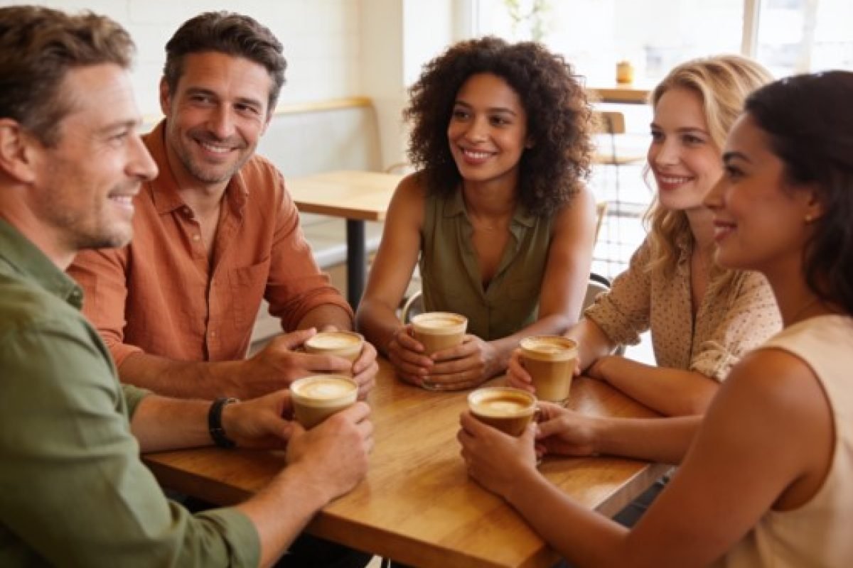 grupo diverso de amigos sorrindo e conversando em uma cafeteria, ilustrando a necessidade de pertencimento