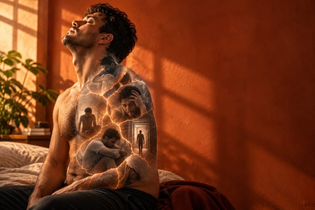 Dupla exposição de um homem com cenas fragmentadas de sofrimento sobrepostas ao próprio corpo, ilustrando a ideia de que o corpo guarda o trauma