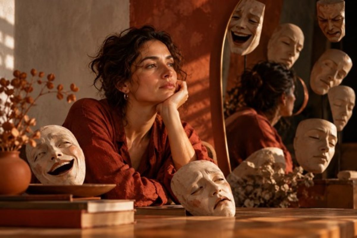 Mulher pensativa cercada de máscaras representando o que a psicanálise diz sobre as emoções
