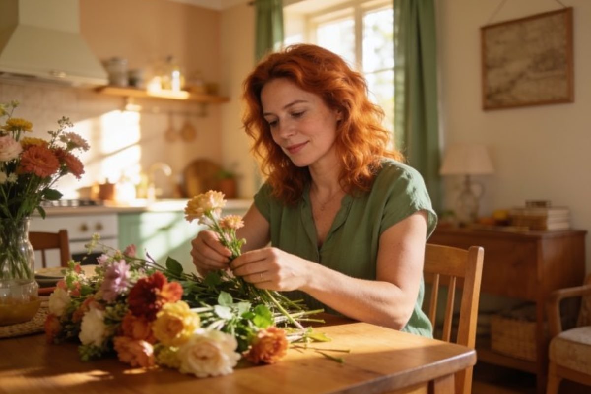 O que é gratidão: mulher arrumando flores em uma cozinha iluminada, expressão tranquila