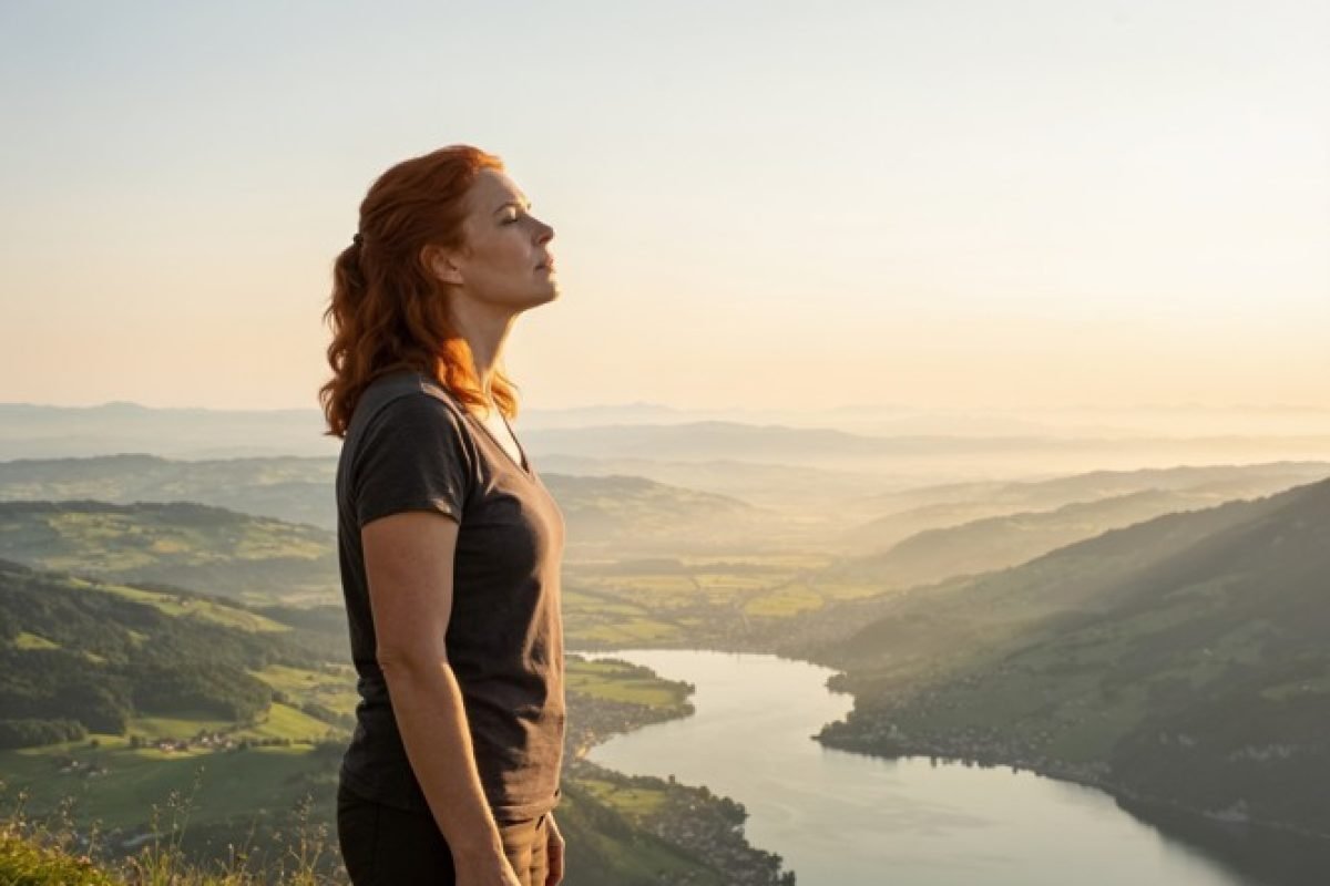 O que é gratidão: mulher de olhos fechados respirando ao observar uma paisagem de montanhas ao entardecer