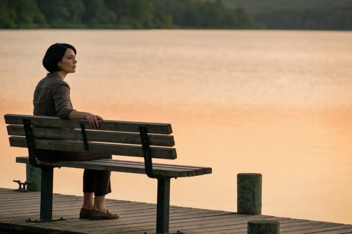 O que é mágoa: mulher sentada sozinha em um banco à beira de um lago ao entardecer, olhando para o horizonte