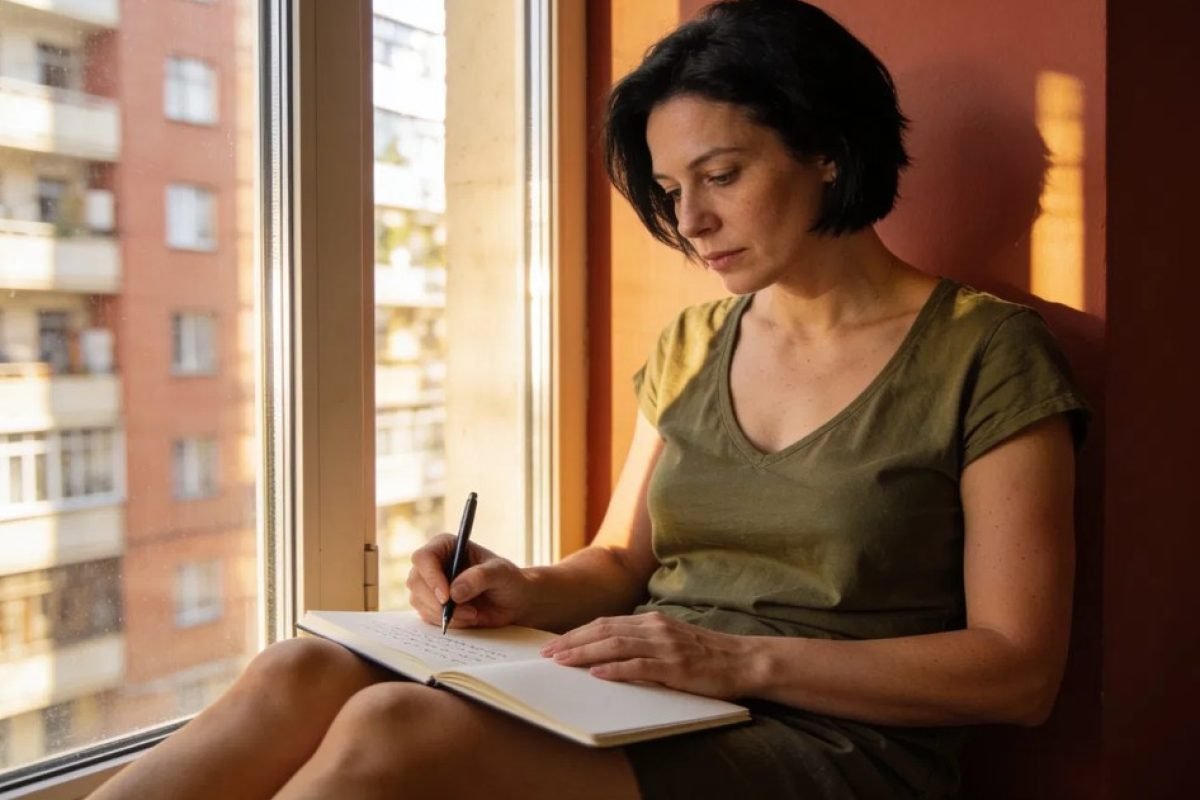 O que é mágoa: mulher sentada à janela escrevendo em um caderno, luz quente da tarde