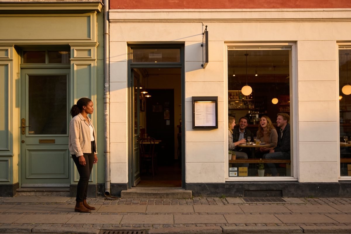 O que é rejeição: mulher parada do lado de fora observando um grupo de amigos reunidos e rindo dentro de um café, representando o medo de ser rejeitado