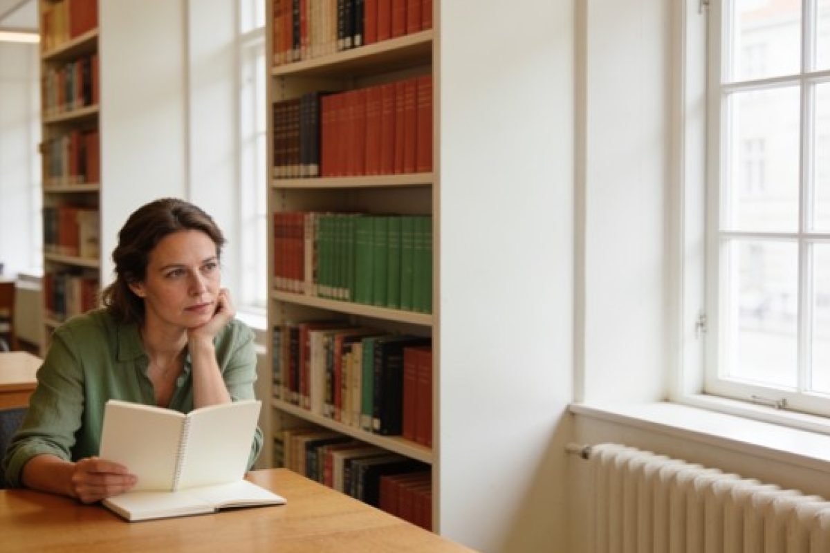 como identificar o que estou sentindo: mulher pensativa segurando um caderno aberto em uma biblioteca