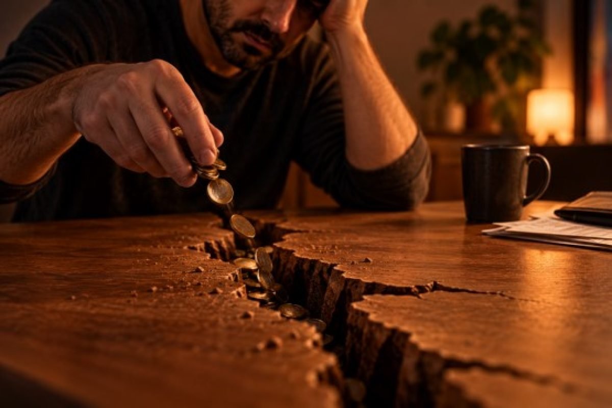 Perdi dinheiro nas bets: homem despejando moedas numa rachadura na mesa que parece aumentar a cada moeda