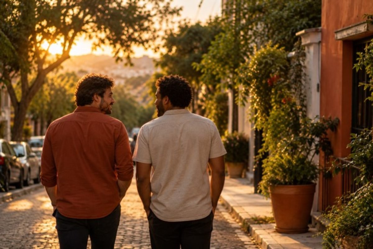pertencimento, duas pessoas caminhando juntas em conversa descontraída