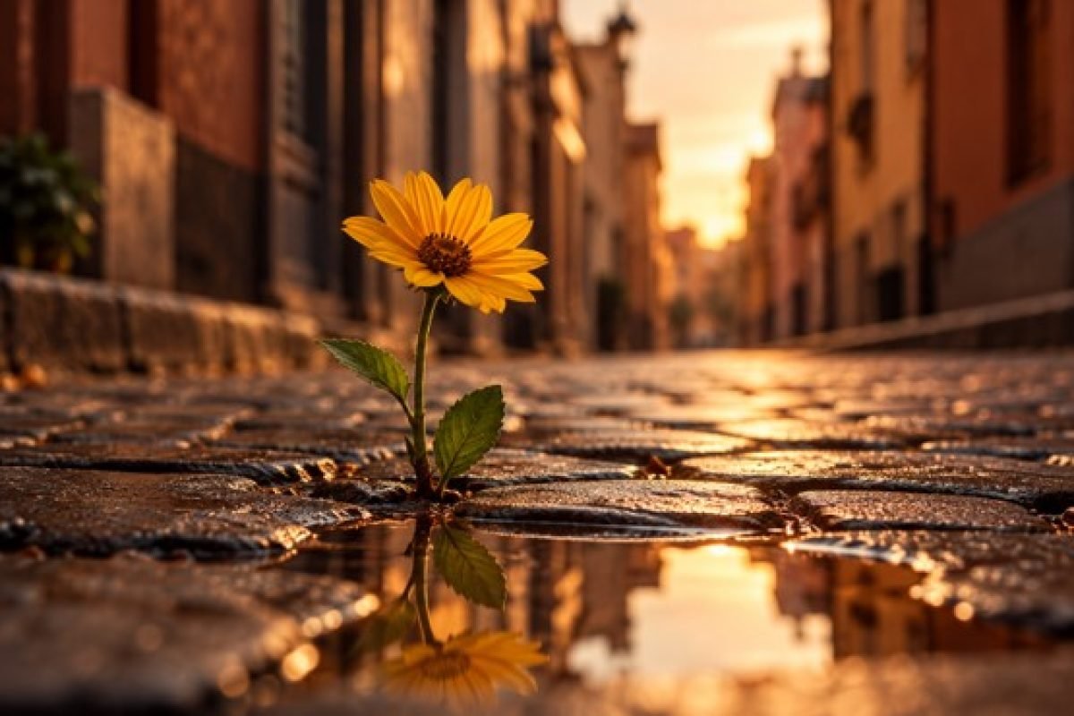 Flor amarela solitária refletida em poça d'água numa rua de paralelepípedos ao entardecer, representando a sensibilidade que resiste ao peso de ser forte o tempo todo