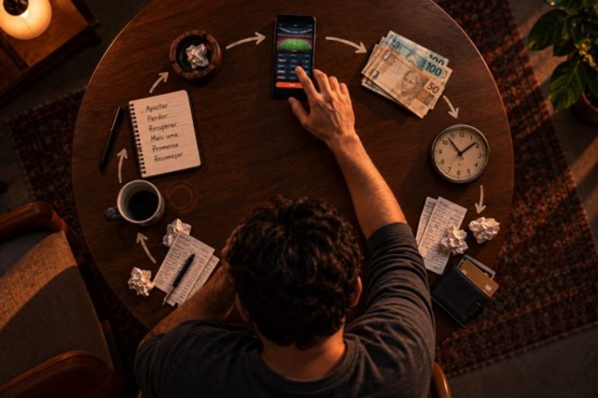 Por que as bets viciam: vista de cima de uma mesa circular com celular, dinheiro, relógio e recibos, mão retornando ao celular