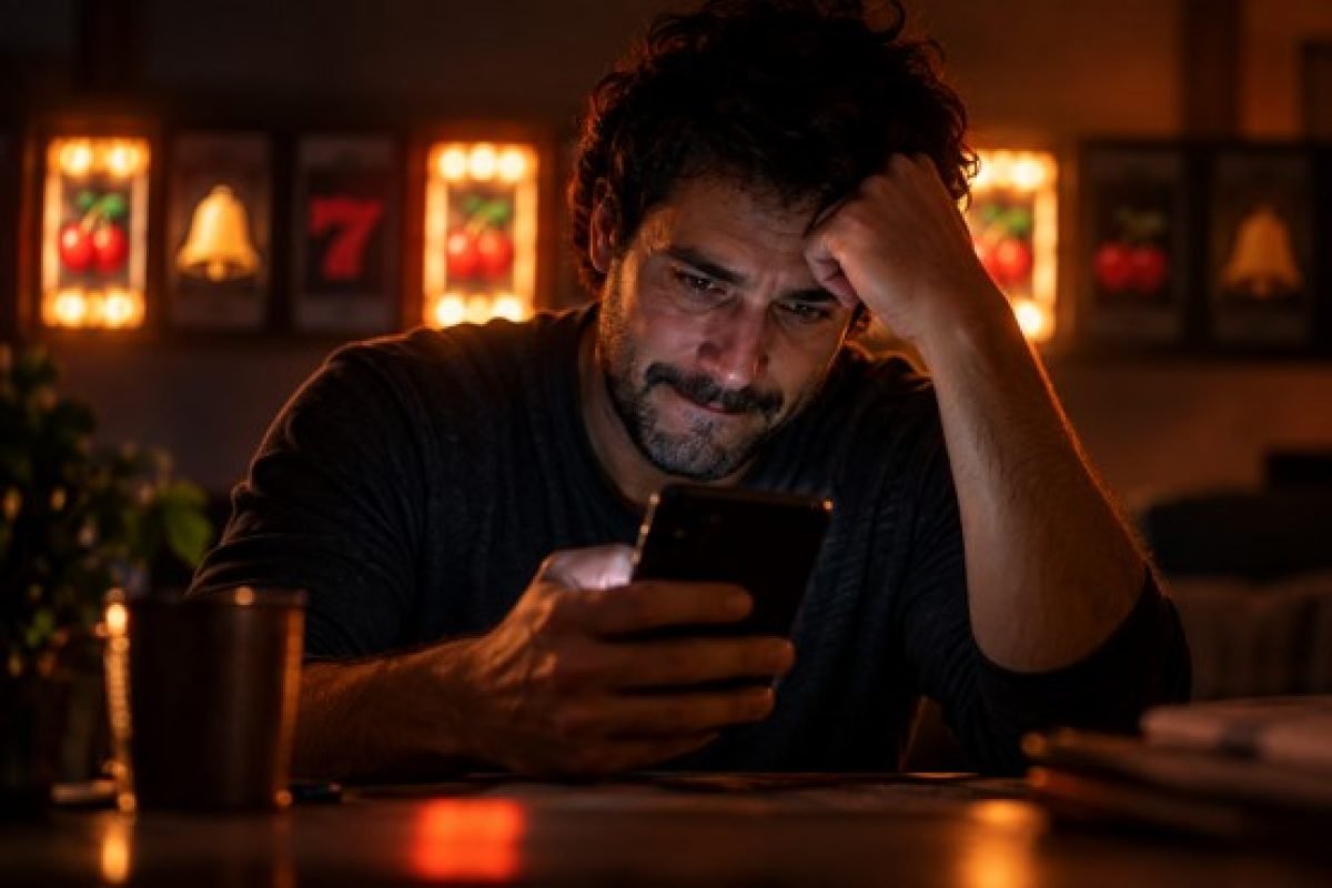 Por que as bets viciam: adulto olhando o celular com expressão de expectativa e frustração, luzes piscando ao fundo