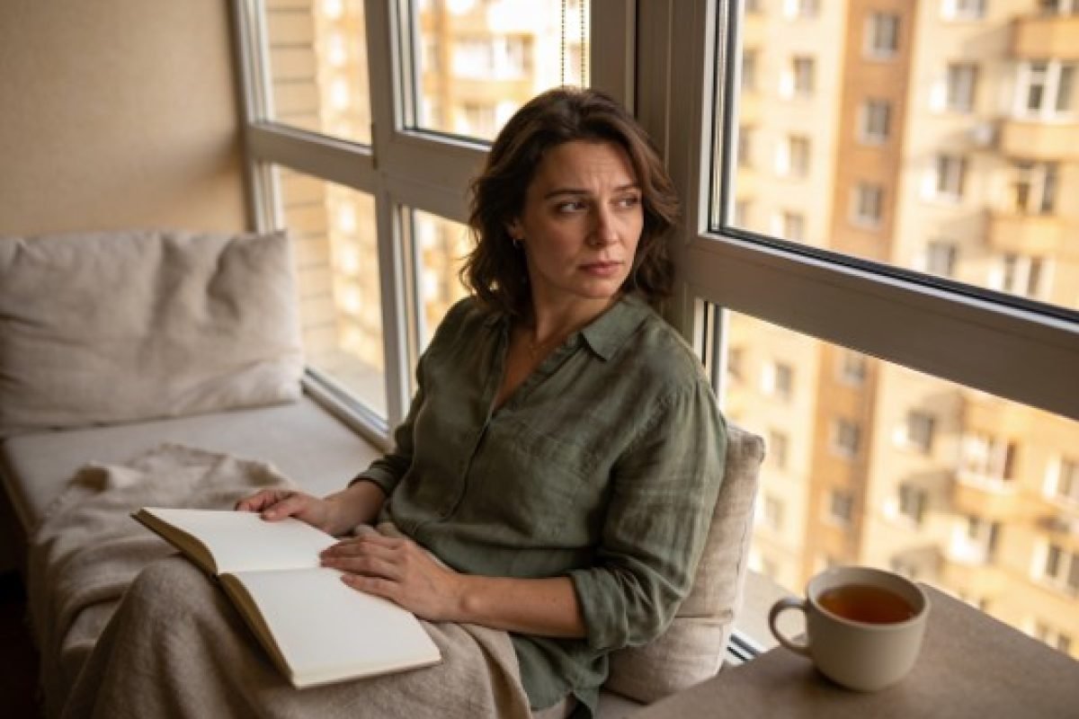mulher pensativa sentada perto da janela com um caderno aberto, refletindo sobre por que sentimos emoções