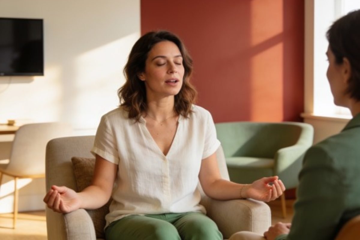 Mulher praticando respiração consciente como forma de regular, não controlar, suas emoções