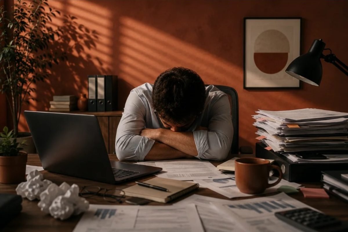 Homem exausto debruçado sobre a mesa de trabalho, cercado de papéis, representando pressão no trabalho.