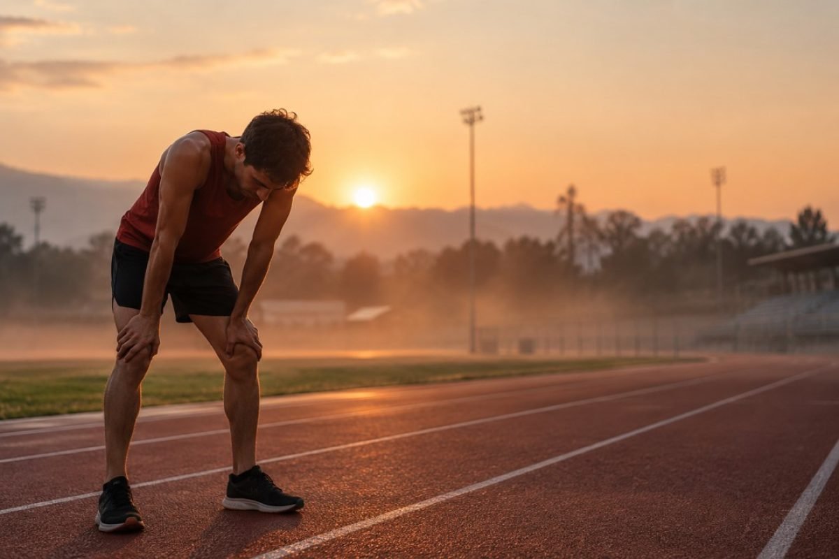Atleta de meio-fundo curvado sobre os joelhos em pista de atletismo ao entardecer, expressando a pressão por resultado no esporte