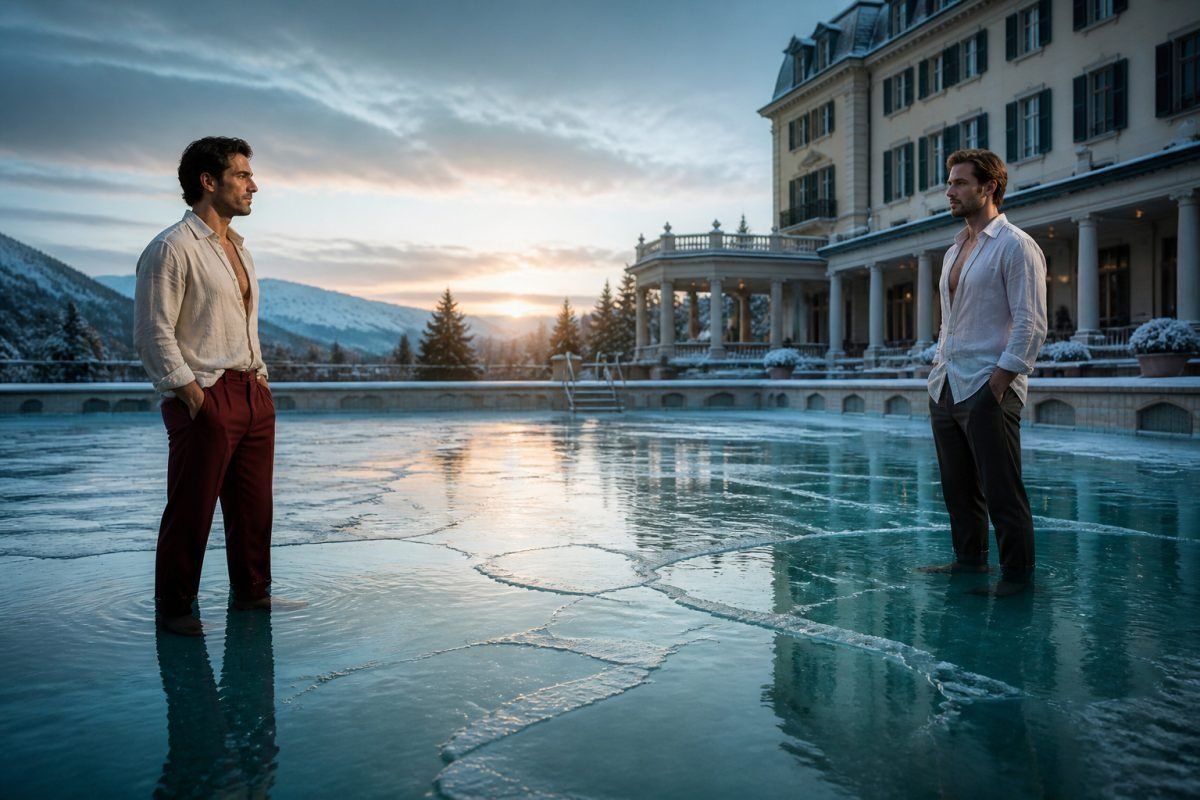Casal homoafetivo em piscina congelada representando quando o relacionamento esfria.