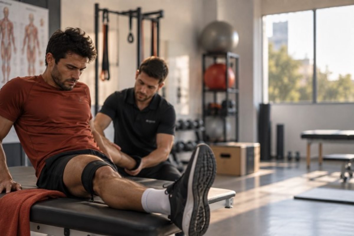 Atleta em sessão de reabilitação física após lesão, processo que também envolve impacto psicológico
