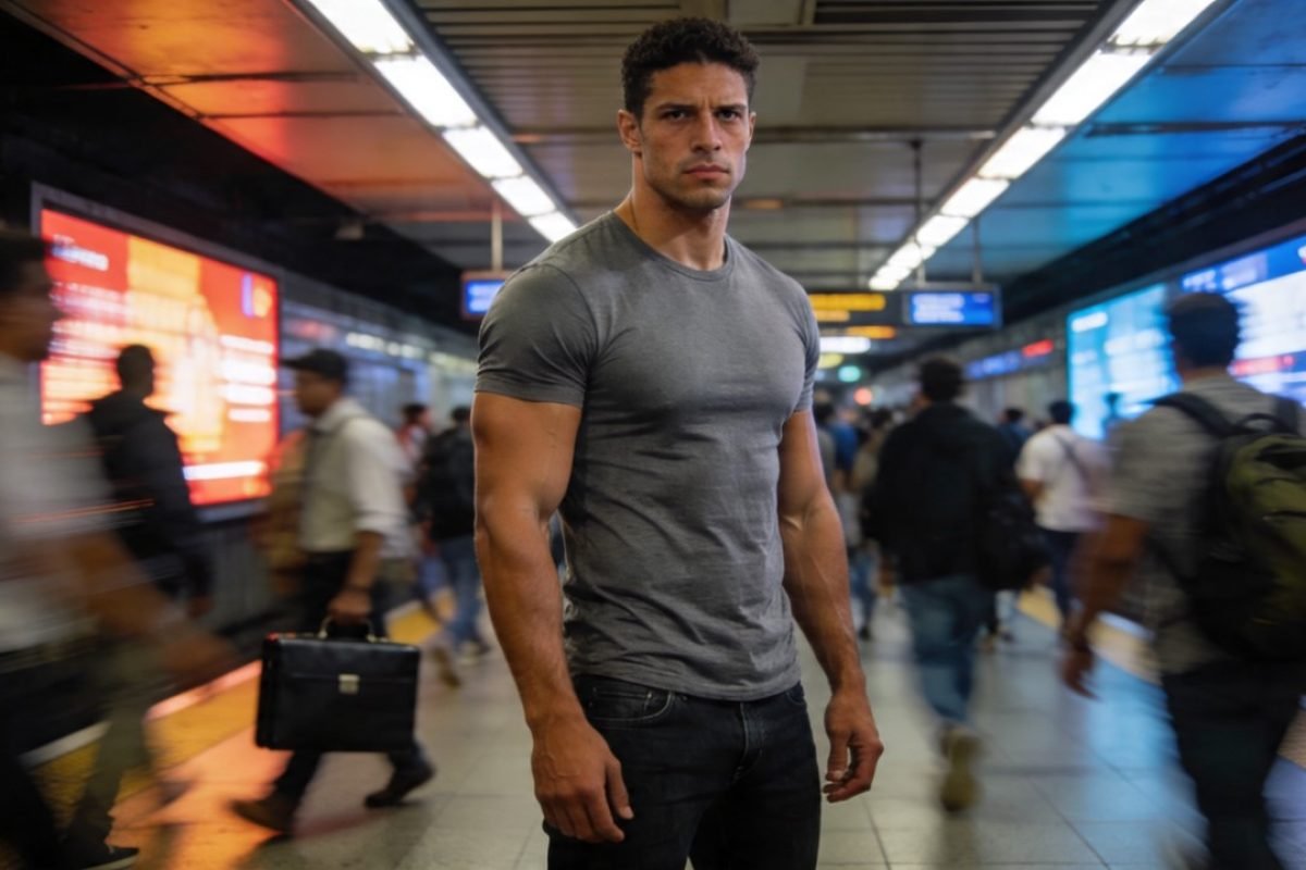 Homem perdido na estão de metrô e caminhando sozinho em cidade estrangeira refletindo sobre a realidade de morar fora do Brasil