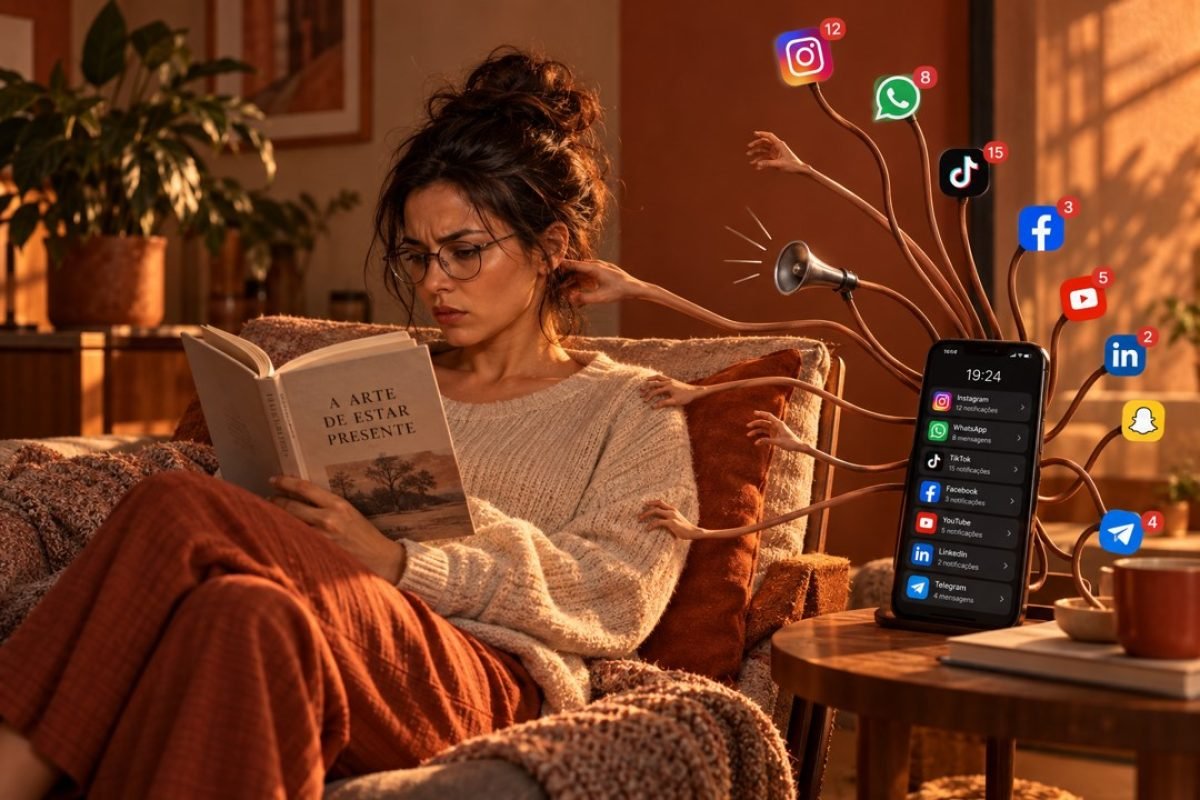 Mulher tenta ler um livro no sofá enquanto braços que saem de um celular, ligado a ícones de aplicativos com notificações, puxam seu ombro e seu cabelo.