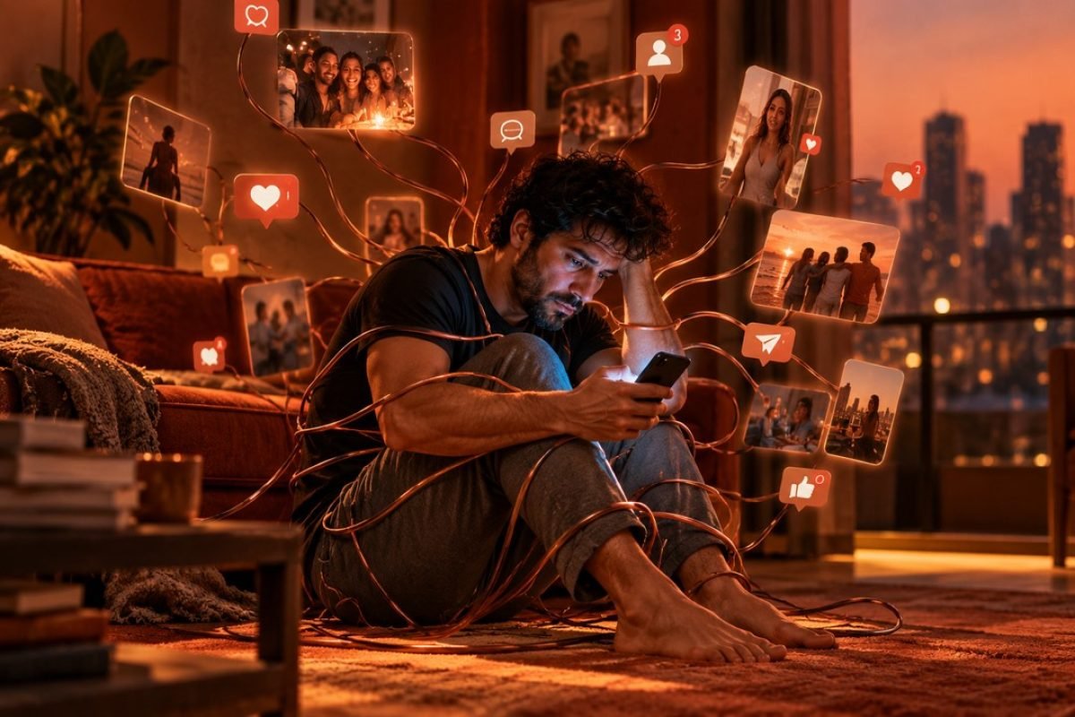 Redes sociais e solidão: homem sentado no chão da sala à noite, envolto em fios de cobre e olhando o celular, cercado por imagens flutuantes de amigos reunidos e ícones de curtidas.