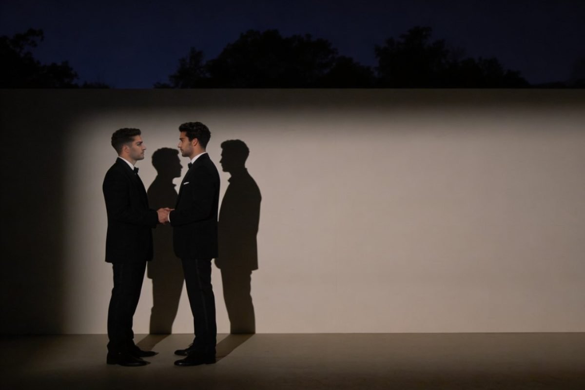 Casal se reencontrando com sombras simbólicas do passado