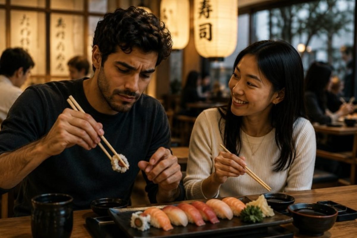 Brasileiro em relacionamento intercultural tentando usar hashi durante jantar com namorada japonesa