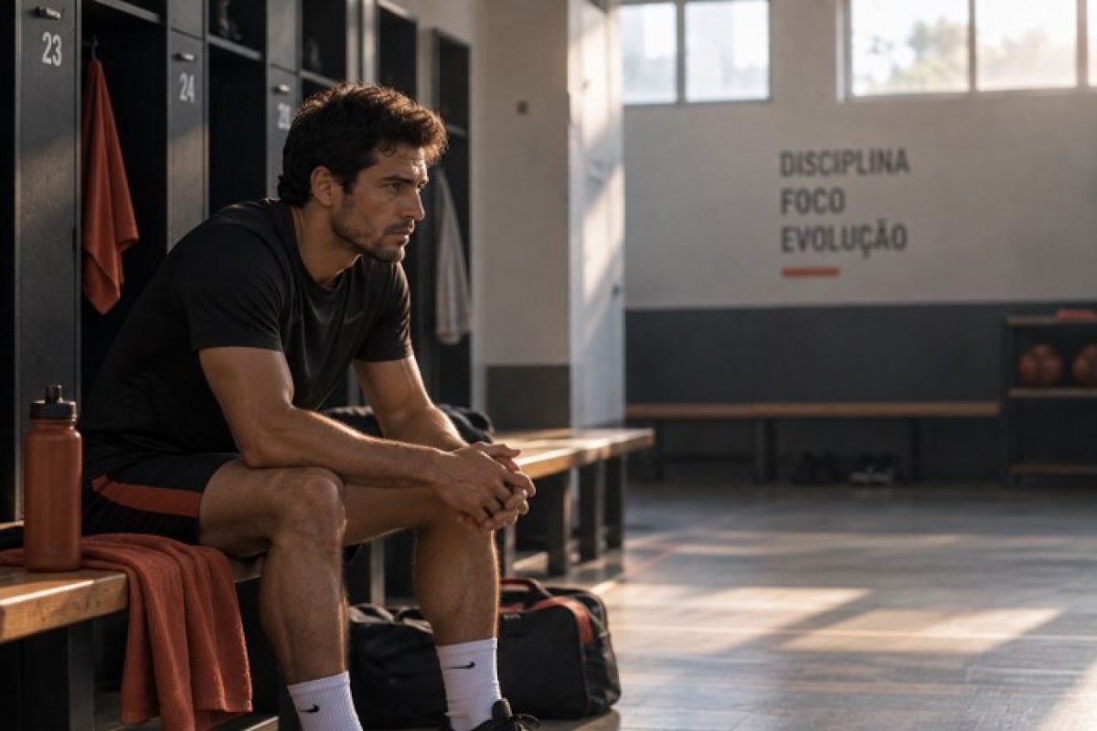Atleta refletindo antes do treino, representando o cuidado com a saúde mental na psicologia do esporte