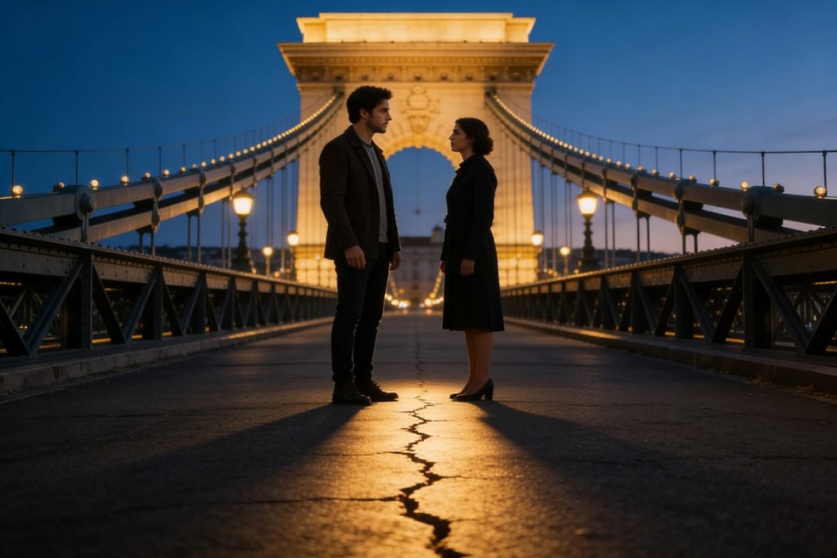 Repete uma ferida em relacionamento simbolizado por casal em ponte com cicatriz luminosa no chão.