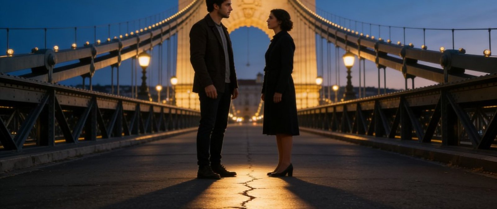 Repete uma ferida em relacionamento simbolizado por casal em ponte com cicatriz luminosa no chão.