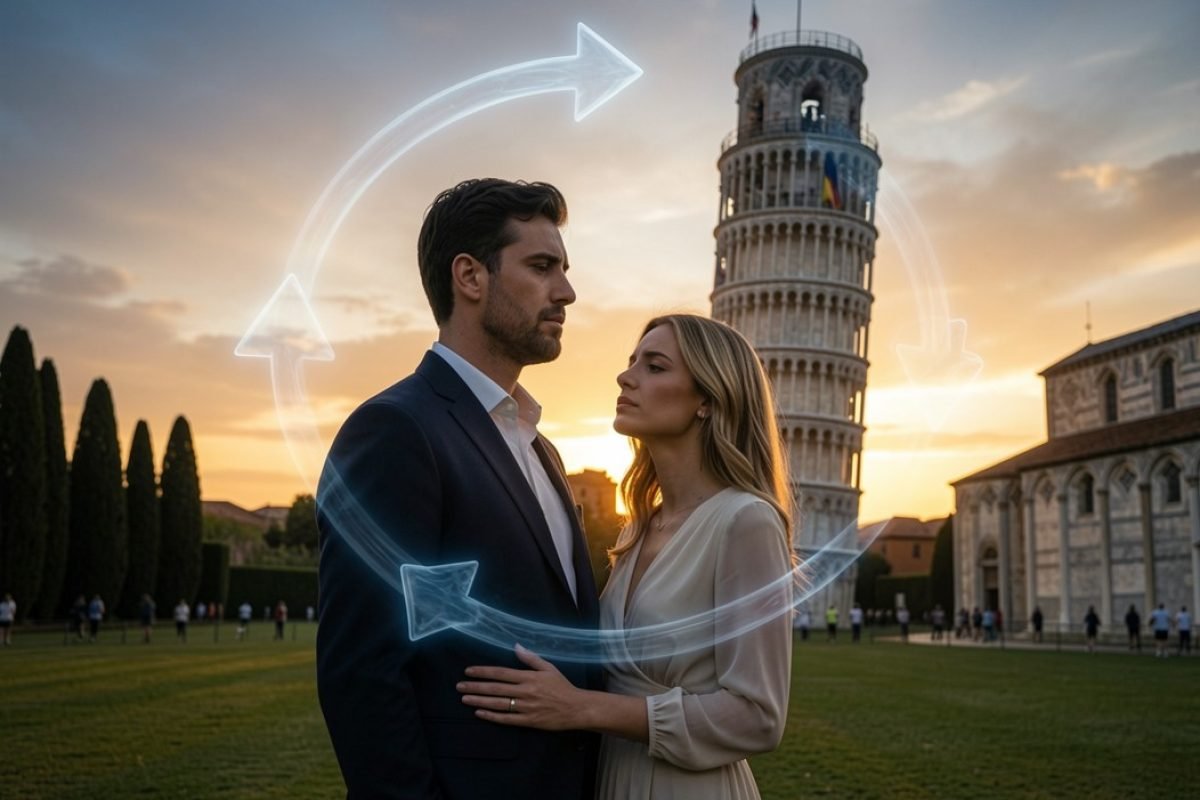 Repetimos padrões amorosos em casal diante da Torre de Pisa com flechas circulares simbolizando repetição.