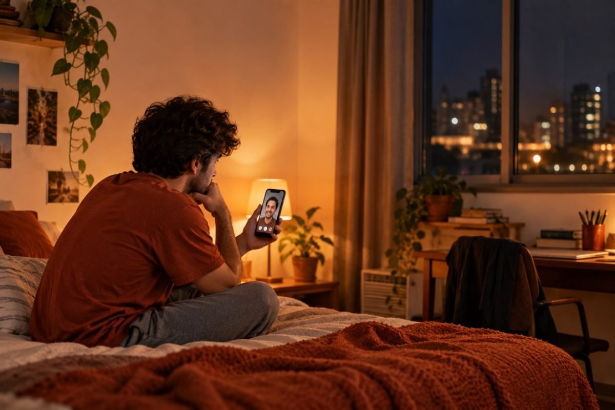 Saudade de casa: jovem universitário sentado em um quarto de estudante olhando o celular, refletindo sobre morar fora do país