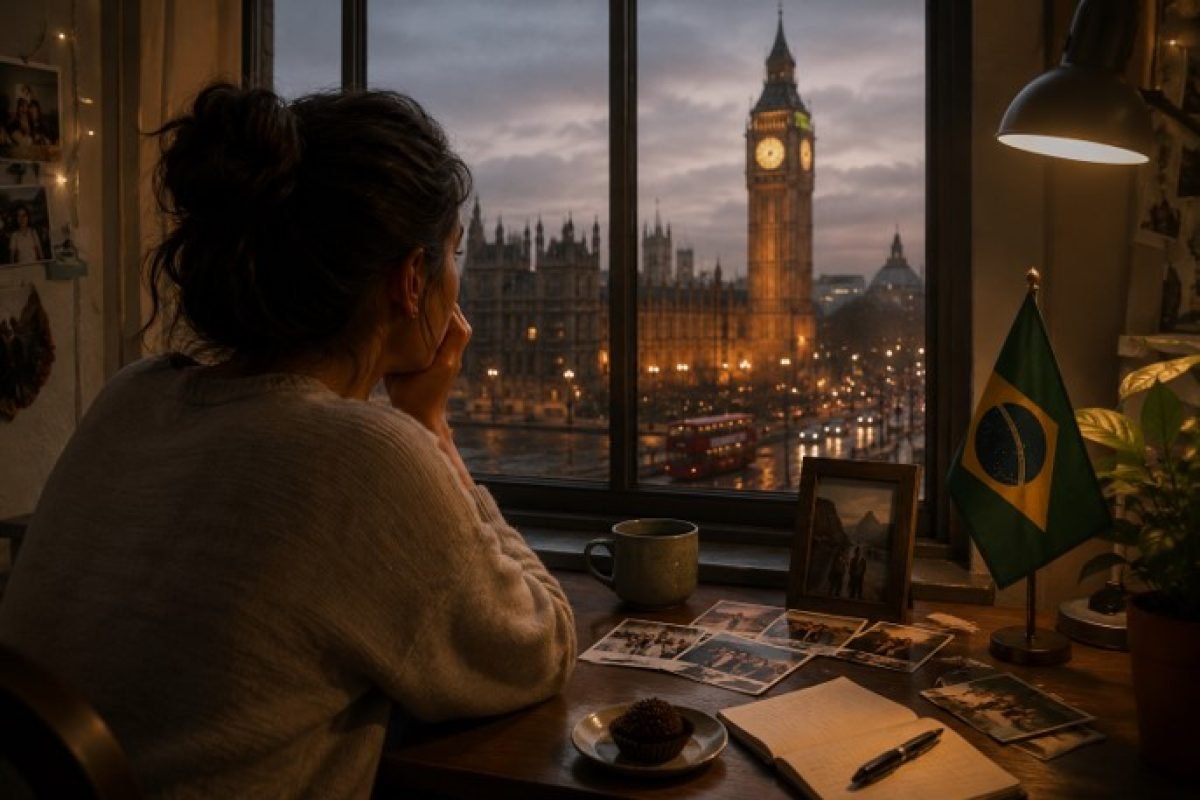 Brasileira olhando pela janela em Londres com vista para o Big Ben enquanto sente saudade do Brasil